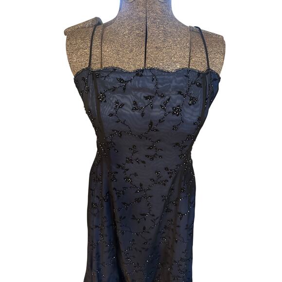 Besty & Adam 90s Vampy Gothic Beaded Mesh Overlay Prom Dress Maxi Black Blue 14 - Picture 13 of 16